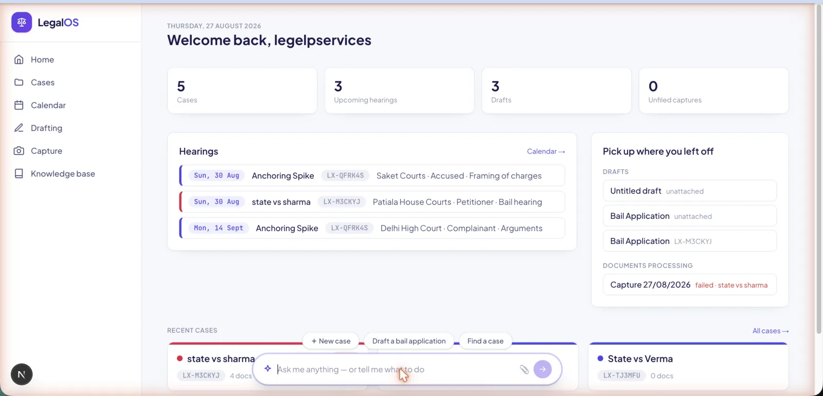 LegalOS global command bar with frequent-task shortcuts