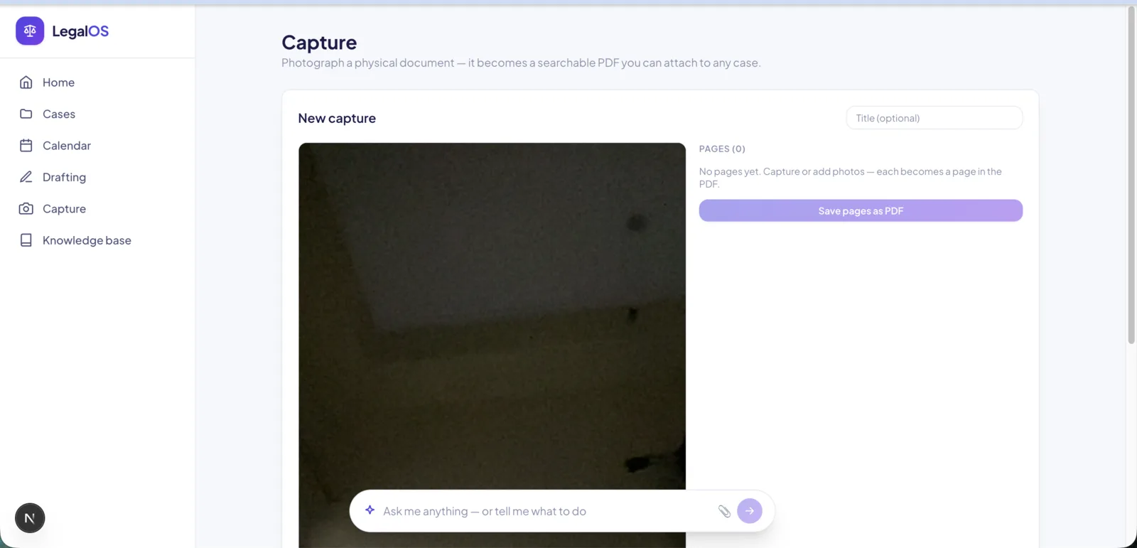 LegalOS camera capture with pages ready to save as a PDF