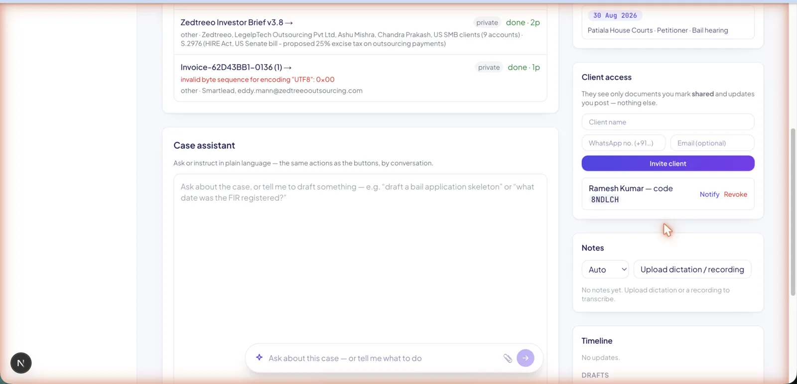 LegalOS client access panel with invite code and shared documents