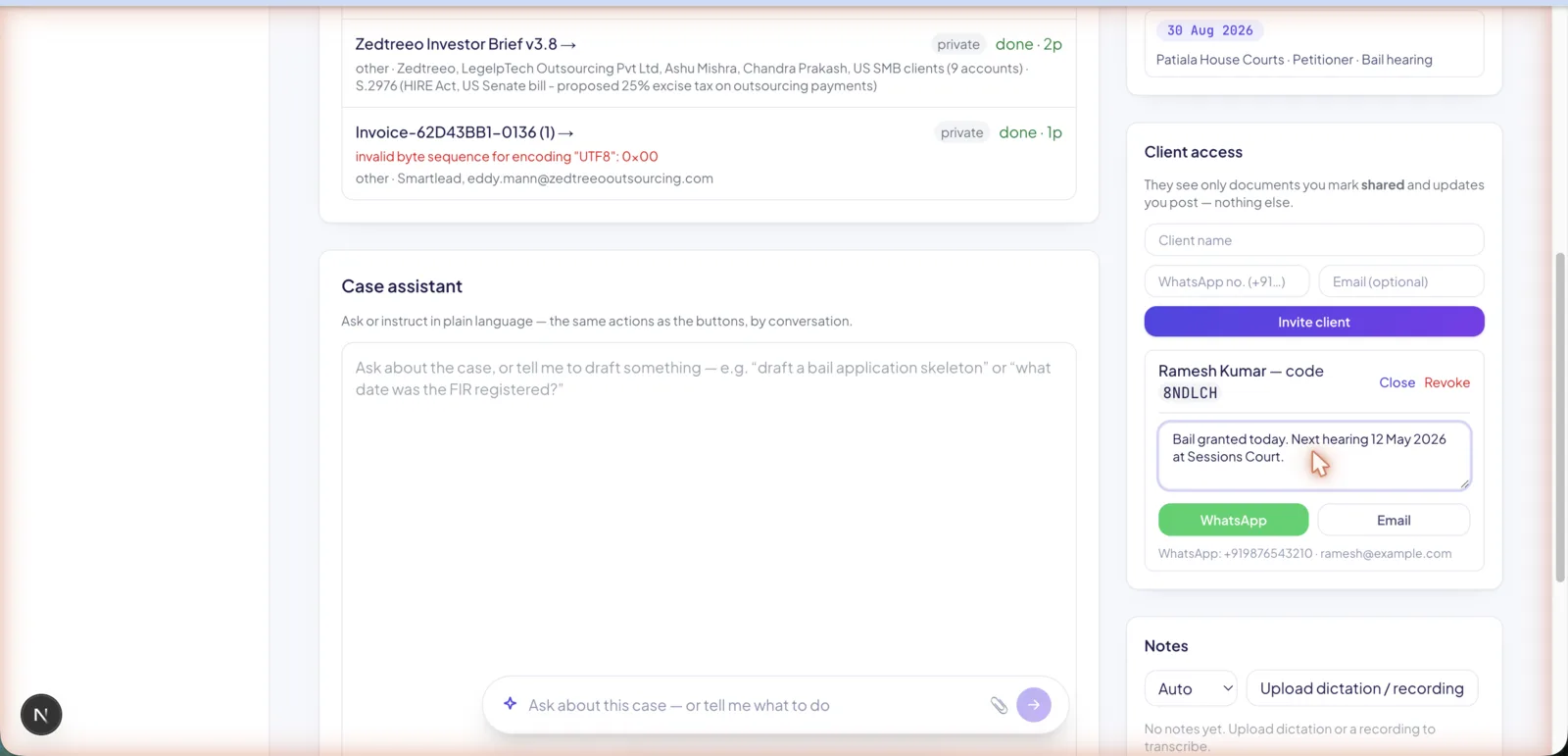 LegalOS notify panel sending a case update by WhatsApp or email