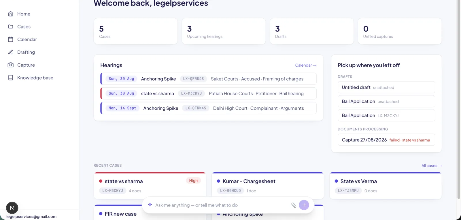 LegalOS home dashboard showing hearings, work in progress and recent cases