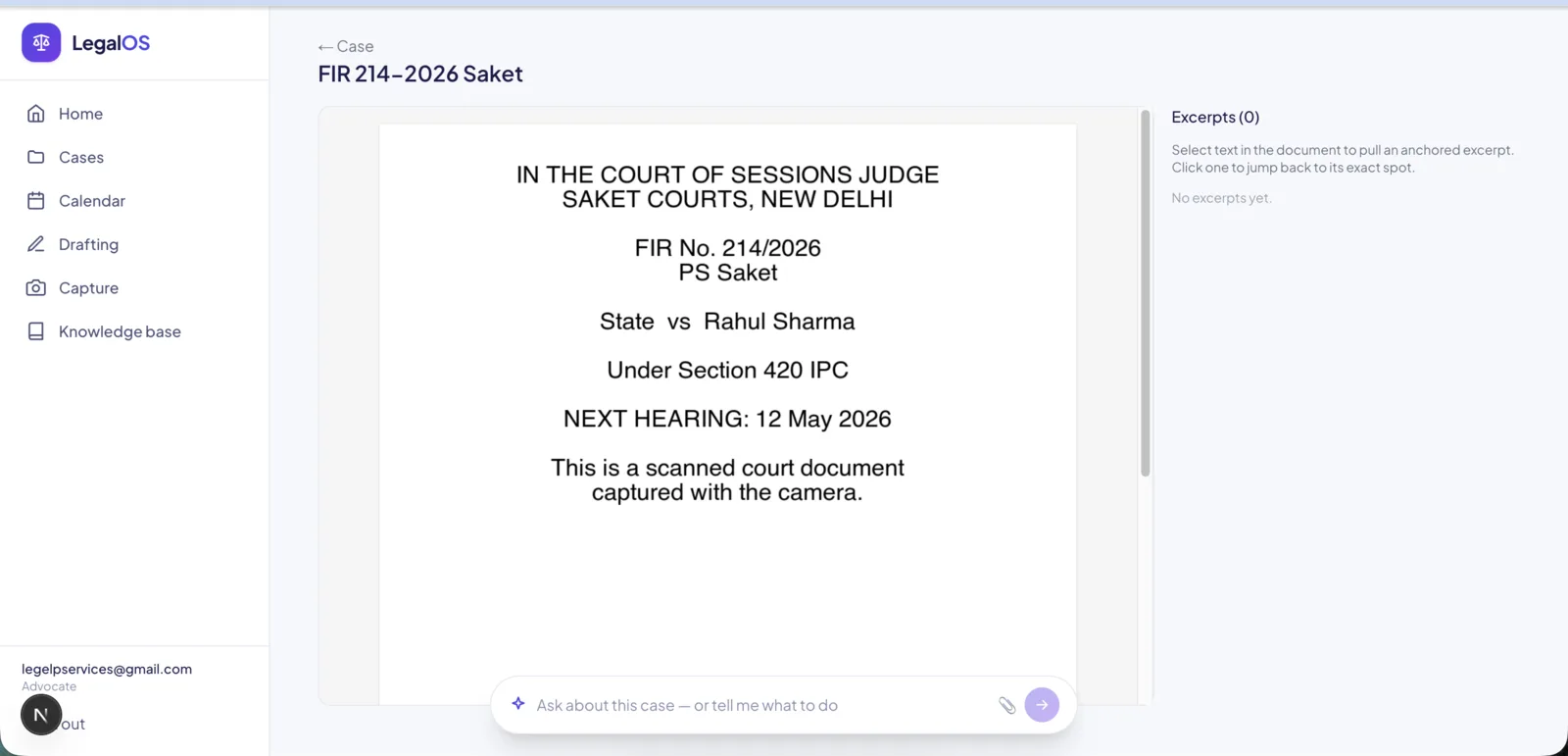 LegalOS document viewer with an anchored excerpt panel