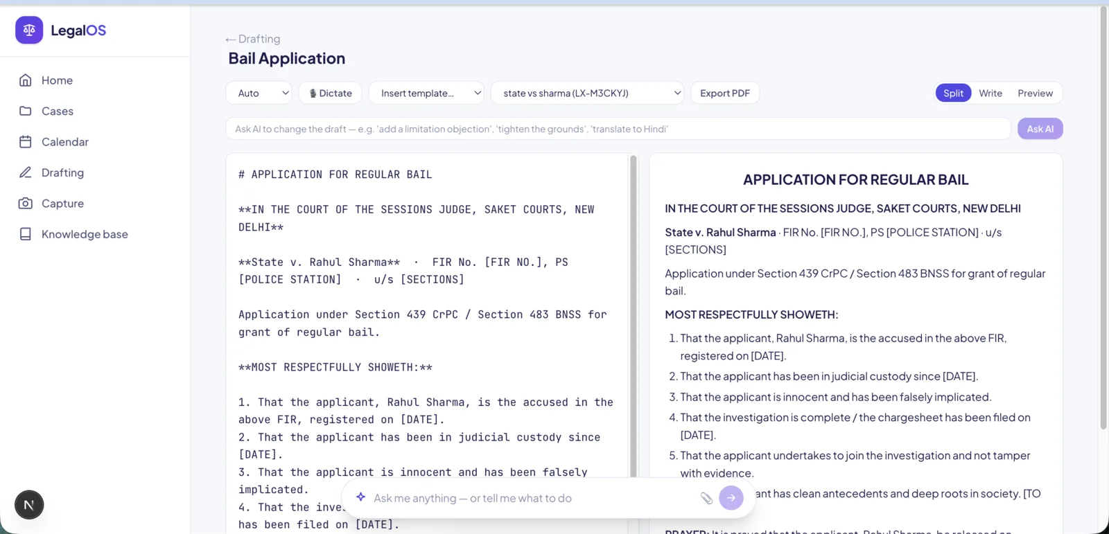 LegalOS drafting pad with markdown editor and live preview