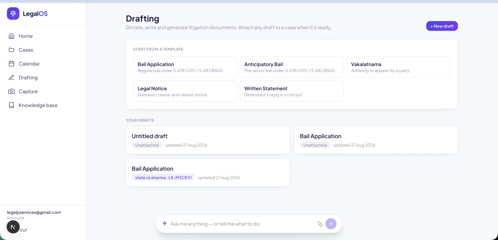 LegalOS drafting library with litigation template cards