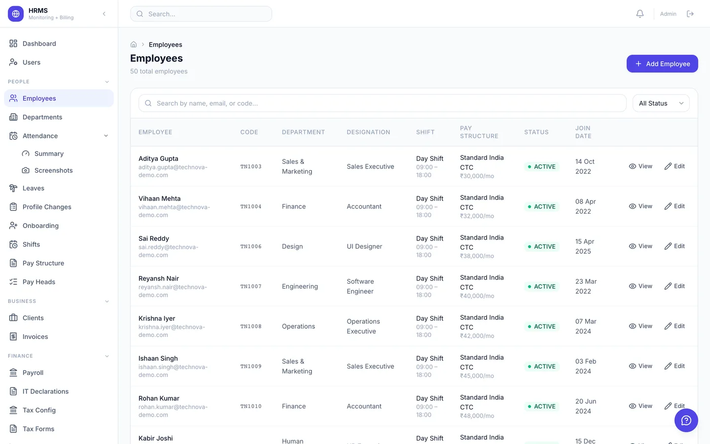 Employee records and profiles listing