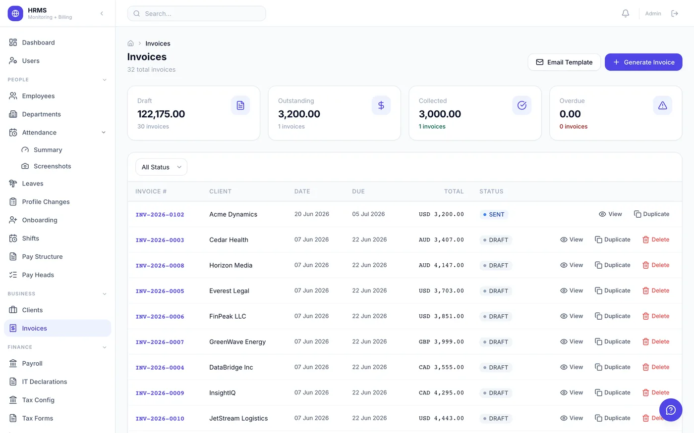 Client invoicing generated from tracked hours